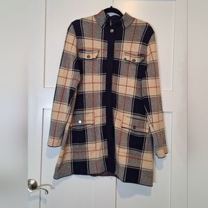 Max Studio Plaid Zip Up Long Jacket Stretch Soft Viscose Blend Cream Black XL